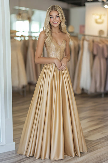 Sparkly Gold Satin Sweetheart A Line Long Formal Dress with Beading